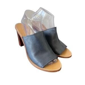 J. CREW 10.5 Leather Mules Open Toe Block Heel Navy BLue‎ Slides Sandals Heels